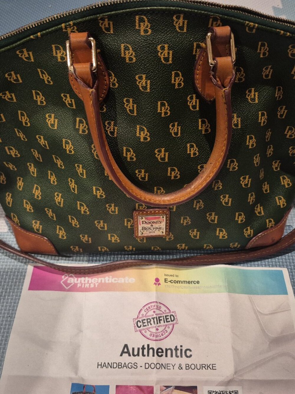 Dooney and bourke large crossbody purse green with tan leather trim